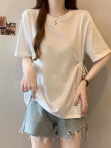 WANGGONGZHU | Chic Drawstring Short Sleeve T-Shirt Women Summer New Large Size Loose Womens Fashionable Top Cover Belly Korean Style Commute