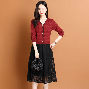 Fashionable V-Neck Lace Splice Woolen Dress Autumn Winter New Style Korean Version Long Sleeve Warmth Casual A-Line Dress