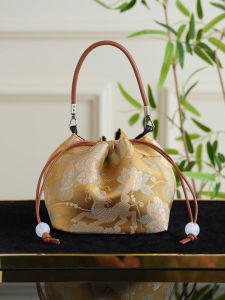 Elegant Gold Silk Qilin Peony Pattern Song Jin Drawstring Bag Single Shoulder Crossbody Bag for Women Medium Hardness Handbag