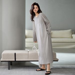 MiiOW | Pure Cotton Breathable Womens Nightgown Lazy Style Casual Summer Dress Home Clothes Comfortable Long Sleeve Round Neck Dress