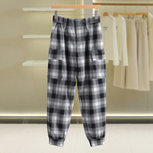 Bella Casual Plaid Loose Work Pants High Waist Trousers Korean Style Commute Fashion Winter Season Polyester Rayon Spandex