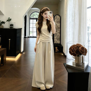 XUECAIQI | Petite Korean Style Straight Shoulder T-shirt Palazzo Pants Outfit