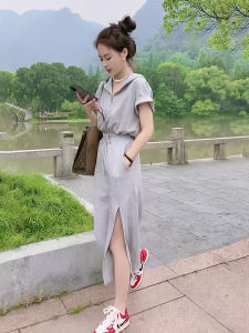 Korean Style Short Sleeve Hooded Dress Womens Summer Autumn Elegant Waist Cinched Slit A-Line Long Dress Trendy in Fashion