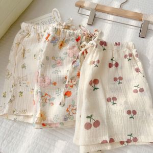 Summer Thin Pure Cotton Bubble Cotton Gauze Sweet Cartoon Flower Bear Loose High Waist Full Cotton Home Shorts Pajamas Women