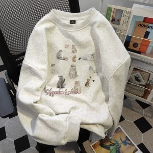 American High Street ลำลอง ลายพิมพ์ตัวอักษร คอกลม เสื้อสเว็ตเชิ้ต ผู้หญิง หลวม แจ๊กเก็ตคู่รัก เสื้อท่อนบน โพลีเอสเตอร์ ผ้าฝ้าย Blend Long Sleeve สตรีทสไตล์