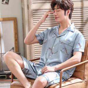 ชุดนอนผ้าซาตินผู้ชาย แขนสั้นขาสั้น สีกรม (มีไซส์ L-3XL)
