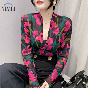 YIMEI เสื้อเบลาส์พิมพ์ลายสวย 2023 สำหรับผู้หญิงทรงหลวมและบางแขนยาวป้องกันแสงแดด