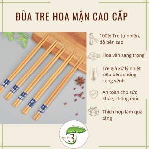 Đũa Tre Tự Nhiên Cao Cấp Hoa Mận Xanh Chống Mốc 24cm Đóng Gói Tiện Lợi 10 Đôi/1 Túi Trong