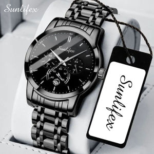 SUNLIFEX Jam Tangan Pria Calendar Bercahaya Bisnis Tali Stainless Steel Jam Tangan Cowok Free Box