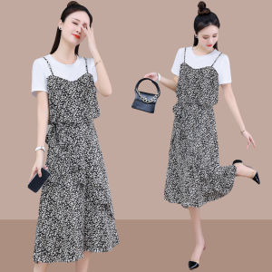 Shalldoer | New Summer Spaghetti Strap Long Dress with Belted Waist and Floral Print