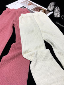 กางเกงขายาวทรงหลวมเอวสูงสำหรับผู้หญิง ผ้าฝ้ายผสมนิตถักหนา ฤดูใบไม้ร่วง/ฤดูหนาว กางเกงขายาวลำลอง ลายดอกไม้ ทรงหลวม ทรงหลวม