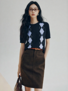 FAMANXUAN | Miu Style College Plaid Wool Womens Short Sleeve Knitwear
