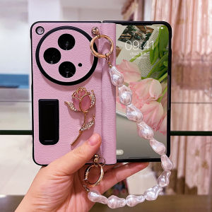 Luxury PU Leather Case for OPPO Find N3 Fold Build-in Stand with Hand Strap Shockproof Magnet Hinge Holder Lens Camera Protection Phone Casing Accessories for OPPOFindN3