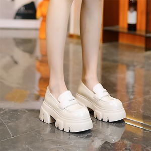 Womens round Toe Platform Loafers Spring 2025 Fashion Comfortable Metal Buckle Chunky Heel Versatile Single Shoes Rubber Sole