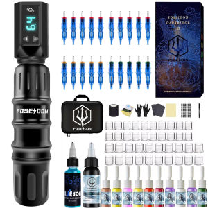 ชุดสัก POSEIDON High Power ชุดปากกาสักสําหรับแต่งหน้าถาวรสักชุดเครื่องสีดําไร้สาย Tattoo Gun Kit