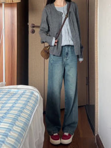 สีน้ําเงินสูง เอว ขากว้าง กางเกงยีนส์ ผู้หญิง อเมริกันเรโทรตรง กางเกงขายาว ฤดูใบไม้ผลิ ฤดูใบไม้ร่วง สีสัน พรางหุ่น เอฟเฟกต์ ลำลอง กางเกงขายาว