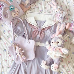 [ผู้หญิงเถา] ฤดูใบไม้ผลิและฤดูใบไม้ร่วงชุดเดรสกระโปรงฤดูร้อนสีม่วงคอปกที่มีรูปร่างแตกต่างกันชุดยูนิฟอร์ม JK สาวกะลาสีแขนพอง