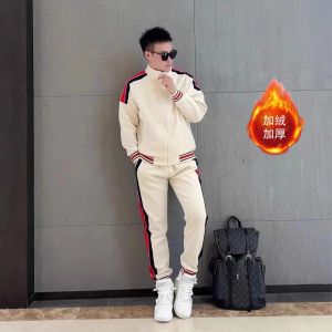 Luxurious Fleece Lined Thickened Straight Leg Pants Sweatshirt Set for Men Autumn Winter New Style Casual Fashion Two Piece Suit