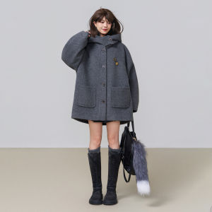 KEIKO | Premium Grey Hooded Wool Cape Coat Women Autumn Winter Slimming Overcoat