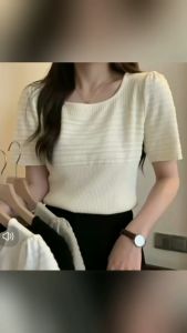 เสื้อยืดลายริ้วแขนสั้นไหมพรมชาตินคอสี่เหลี่ยมขวางญี่ปุ่นผ้านิ่มสบายฟรีคับส์สำหรับผู้หญิง - Tshirt Clothing Women Lady