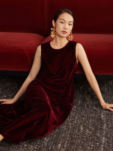Silk Velvet Sleeveless Vest Dress Vintage New Chinese Style Womens Fashion Spring Autumn Retro Belted Midi Skirt Gown