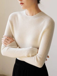 White Woolen Knitted Sweater Womens Fashion Slim Fit round Neck Base Layer Shirt French Style Autumn Winter High End Feeling