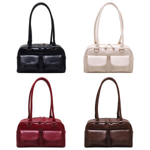 Retro Women Tote Bag Double Pocket PU Leather Shopping Bag Fashion Solid Designer Armpit Bag Casual Zipper Portable Ladies Purses