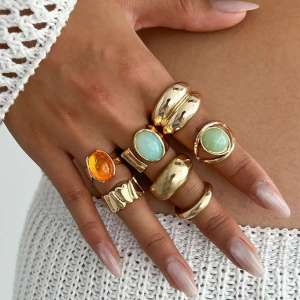 KunJoe 7 Pcs Retro Colorful Acrylic Crystal Open Rings Set for Women Trendy Irregular Gold Color Finger Ring Jewelry Accessories