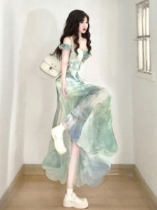 Retro Unique Beautiful One-Shoulder Slim Long Dress Floral Print Summer Fashion High Waist V-Neck Sleeveless A-Line Dress