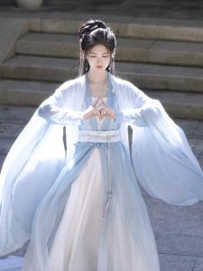 Mùa Thu 2024 Váy Hanfu Cổ Tròn Màu Xanh Lam Dài Đến Eo Cho Nữ Vai Jin Chế Độ Siêu Tiên Phong Thanh Lịch Cho Người Lớn