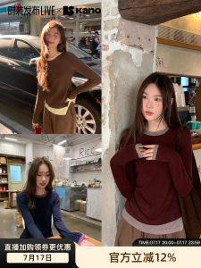 Fake Two-Piece Patchwork Retro Loose Slimming Autumn Women Long Sleeve T-Shirt