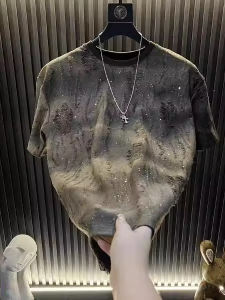 American Style Mens Gradient Rhinestone T-Shirt Summer New Hole Punching Short Sleeve Top Starry Night Fashionable Tee