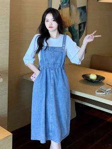 Korean Style Design Summer New Denim Strap Dress Womens Midi A-Line Skirt Casual Breathable High Waist Gored Pocket Dress