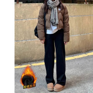 กางเกงยีนส์ทรงตรงสีดำสำหรับผู้หญิง กางเกงขายาวทรงหลวมเอวสูง ทรงสลิมฟิต กางเกงขายาวทรงสตรีทสไตล์เกาหลี