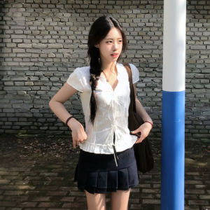 CHANGTONG | Retro Lace Border Bow-tie V-neck Short Sleeve Blouse