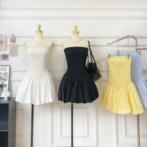 French Chic Off-Shoulder Pleated Sleeveless Backless Dress Womens Summer New Fluffy Skirt Bloomer Short Dress High Waist