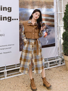 French Style Plaid Shirt Dress High Waist Slimming Long Skirt Two-Piece Set Womens Spring New A-Line Dress Polo Collar Button Detail