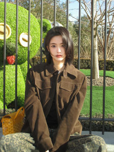 Áo Khoác Da Lộn Màu Nâu Cho Nữ Xuân Thu 2025 Mới Rộng Rãi Đa Năng Ngắn Khóa Kéo Thường Ngày Thời Trang Áo Khoác Ngoài