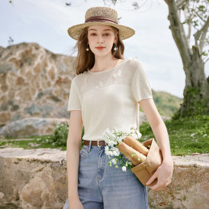 XIANGYING | Design Knitted Thin White T-shirt with Linen Beads and Butterfly Accent
