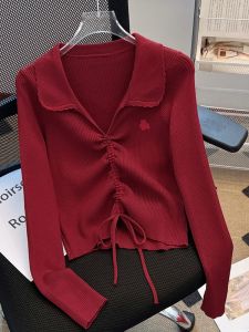 Drawstring Long Sleeve V-Neck Knitted Base Shirt Womens Early Autumn 2025 New Style Doll Collar Slim Fit Short Top