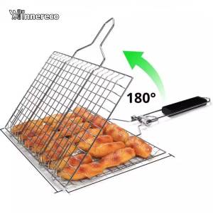 304 Stainless Steel BBQ Mesh Non Stick Grilling Basket Grill Mesh Mat Meat Vegetable Steak Picnic Party Barbecue Tool Foldable BBQ Net with Anti-Slip Clasp & Removable Handle for Camping/Picnic