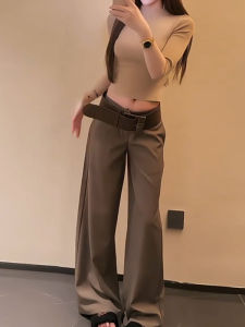 Dark Brown Casual FashionableWomens StraightCuff Trousers High-Waist Loose Draped Long Pants Spring Summer New Collection