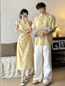 New Chinese Style Couple Matching Satin Cheongsam Dress Womens Summer Elegance Long Dress One Skirt One Dress High Waist A-Line Skirt Short Sleeve