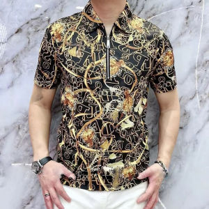 Áo Thun Nam Mùa Hè in Họa Tiết Thời Trang Có Khóa Kéo Co Giãn Tay Ngắn Dáng Ôm Cổ Polo Thường Ngày Chất Liệu Cotton Pha Trộn