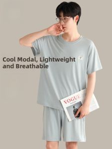 miiow | Cool Feeling Modal Sleepwear Set For Men Summer Short Sleeve Shorts Loose Fit Home Clothes Casual Style Round Neck Pullover