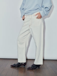 Molin Maison Womens Loose Straight Leg Jeans Nine-Piece Silk Linen Commute New Style White Denim Long Pants Natural Waist