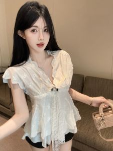 GUZILIAN | Fashionable Summer French Style Pure Desire White Shirt Womens V-neck Bubble Sleeve Embroidery Slimming Waist Enhancing Top