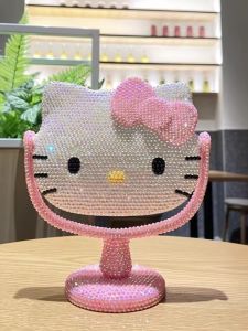Removable Hello Kitty Table Mirror Kitty Table Mirror Rotating Makeup Mirror Diamond Studded by Hand DIY Stick-on Crystals