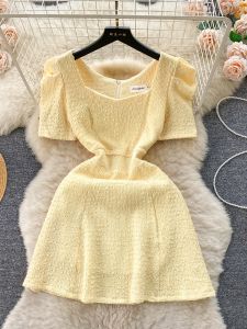 French Style Gentle Dress Womens 2024 New Arrival Younger Yellow Elegant Square Collar Slimming Short Small Dress Skirt