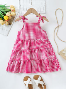 Summer Baby Girls Dress Pink Gingham Plaid Bow Strap Tiered Ruffle A-Line Dress Casual Party Wear Infant Toddler Polyester Fiber
